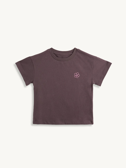 t-shirt dziecięcy brązowy flower power bawełna organiczna organic cotton przód