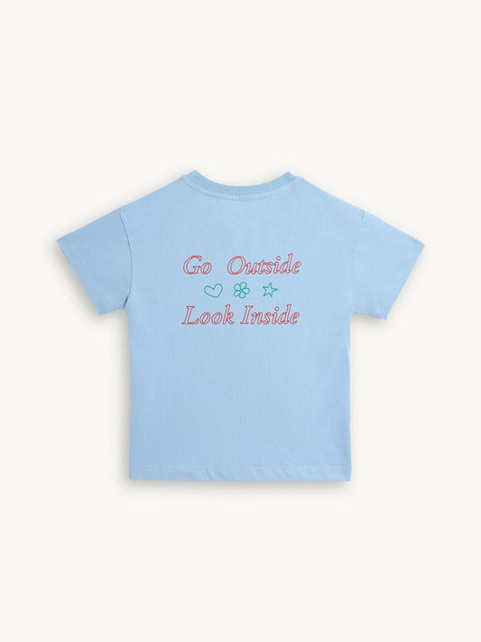  t-shirt dziecięcy niebieski go outside look inside bawełna organiczna organic cotton tył koszulki