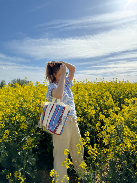 torba z bawełny organicznej w paski marina stripes organic cotton bag outfit pole kwiaty