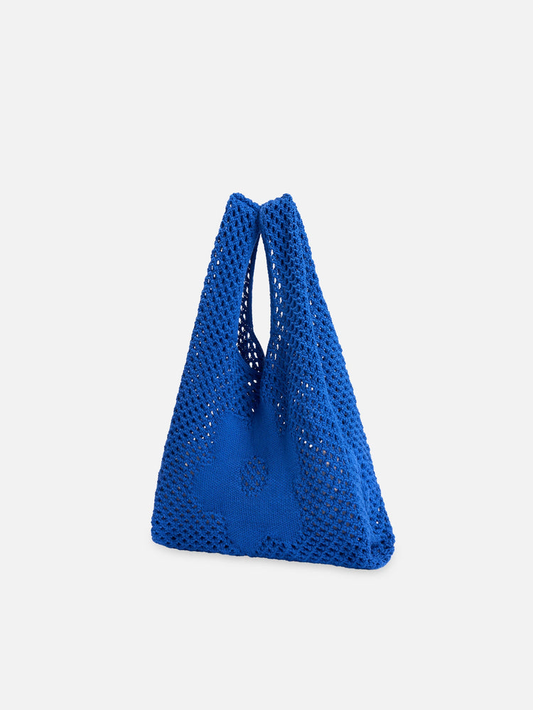 letnia dzianinowa torebka granatowa bawełna organiczna organic cotton crochete bag indigo flower strickhandtasche bio-baumwolle handtasche 