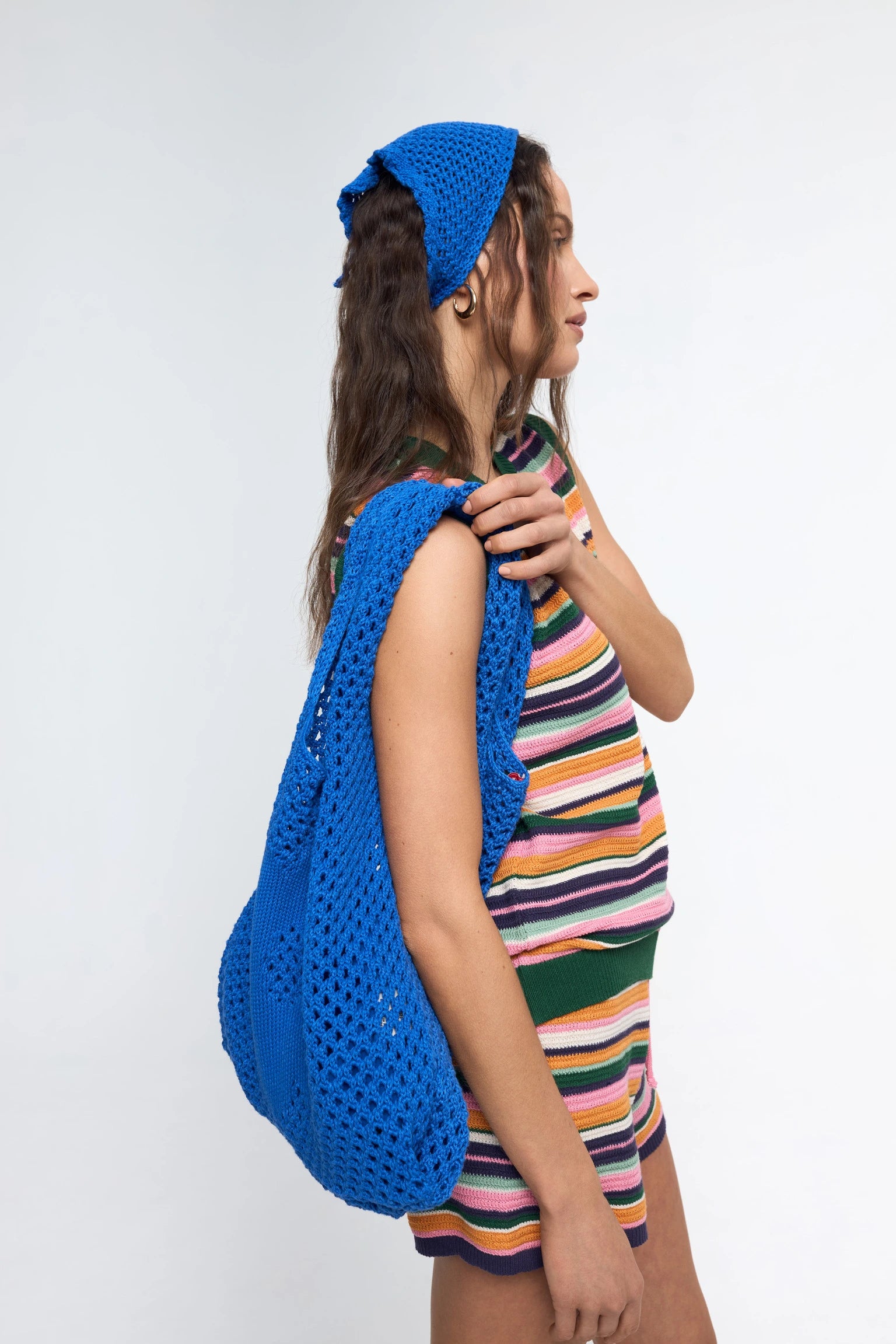 letnia dzianinowa torebka granatowa bawełna organiczna organic cotton crochete bag indigo flower strickhandtasche bio-baumwolle handtasche zestaw letni w paski tropical garden
