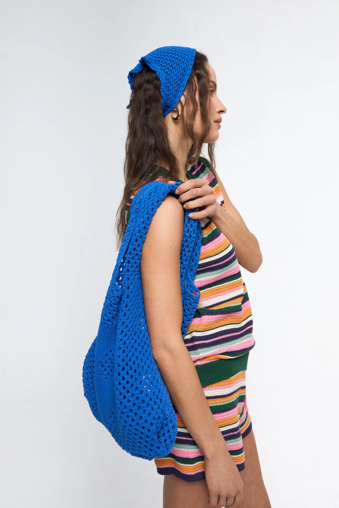letnia dzianinowa torebka granatowa bawełna organiczna organic cotton crochete bag indigo flower strickhandtasche bio-baumwolle handtasche zestaw letni w paski tropical garden