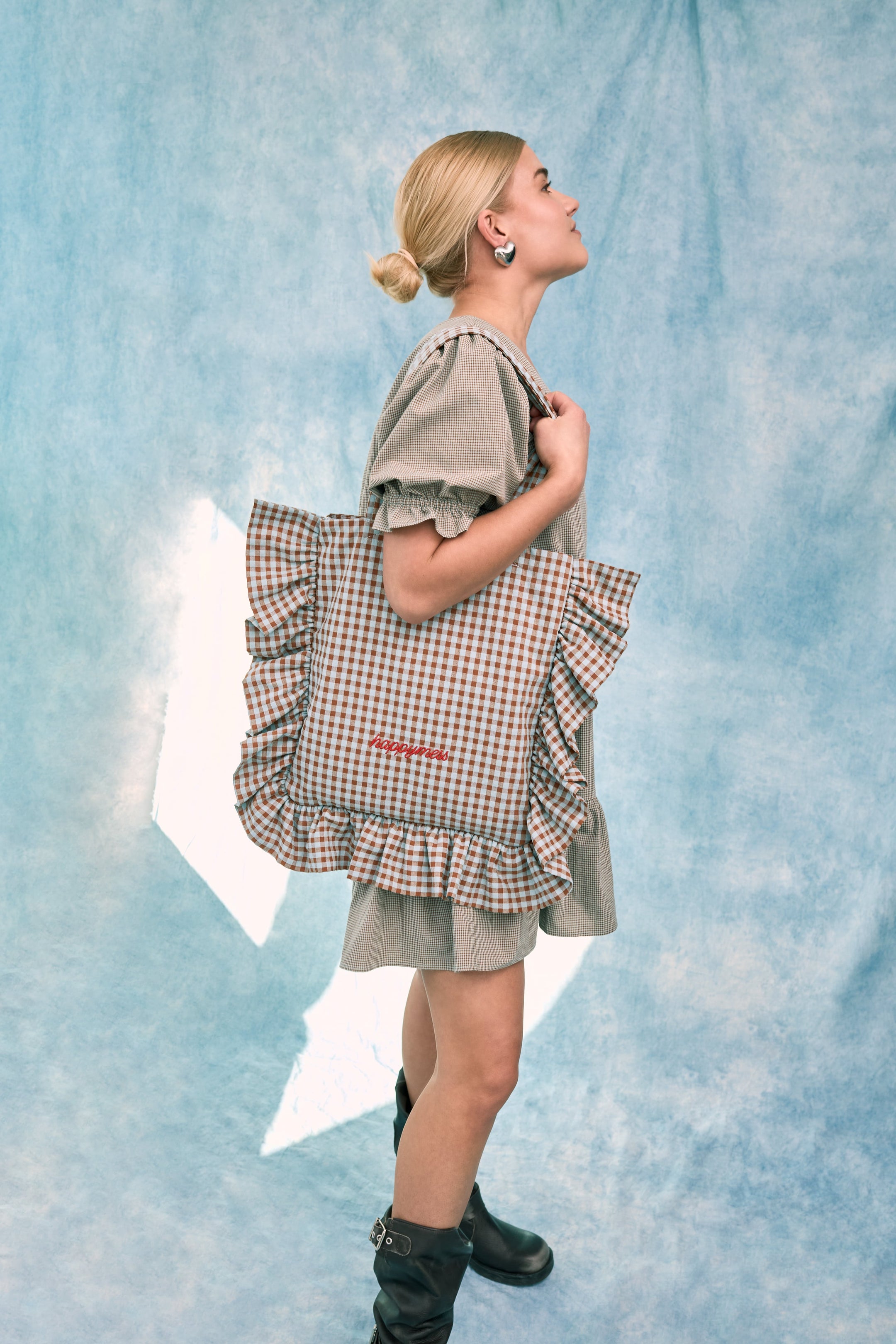 torba w kratę z falbanką foggy brown torebka bag vichy frilled sukienka zestaw