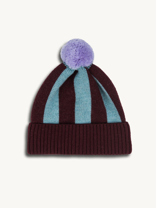 dziecięca wełniana czapka merino beanie burgundy frost paski wool hat przód