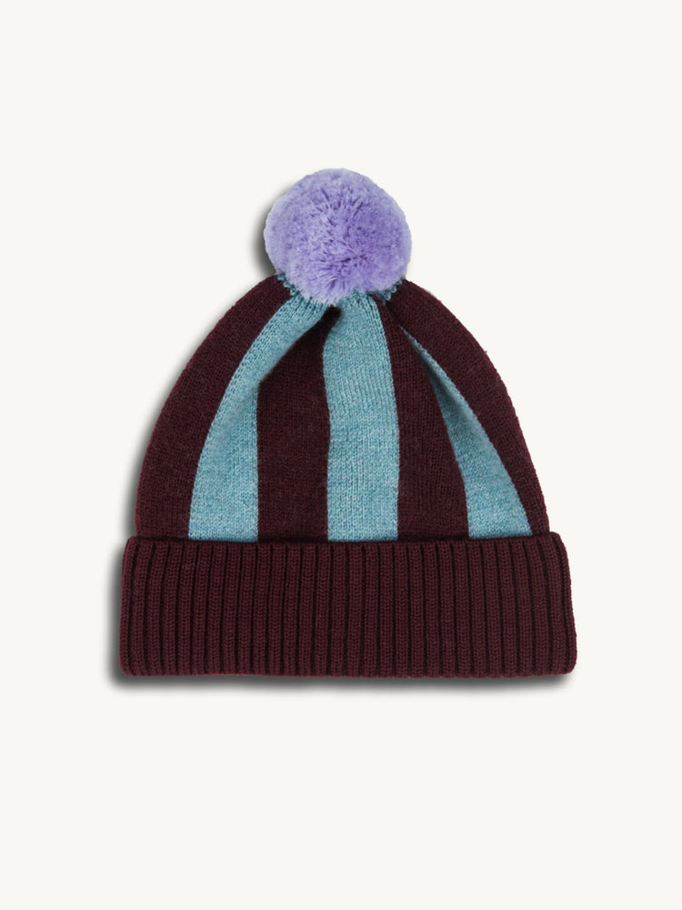 dziecięca wełniana czapka merino beanie burgundy frost paski wool hat przód