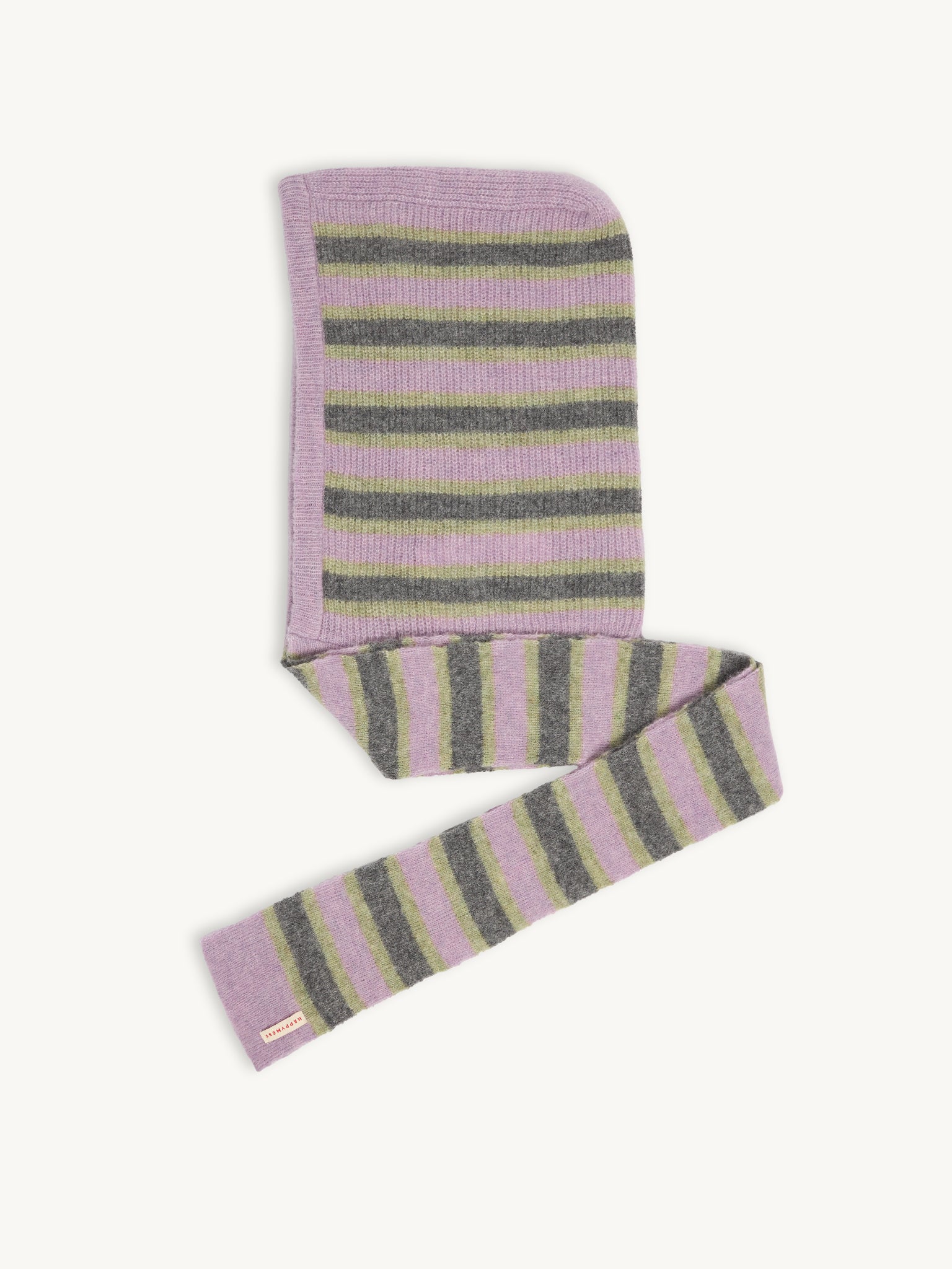 wełniany kaptur z szalikiem cozy stripes w paski szary fioletowy wool hood with scarf bok