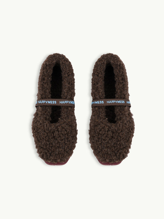 wełniane kapcie damskie merino z gumką woolen slippers brązowe chocolate brown góra