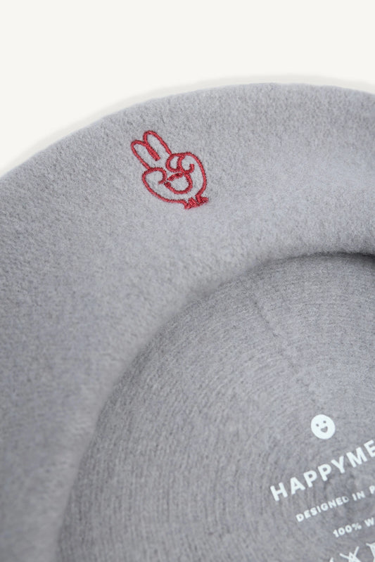 wełniany beret damski szary happymess club grey wool detal haft dziecięcy