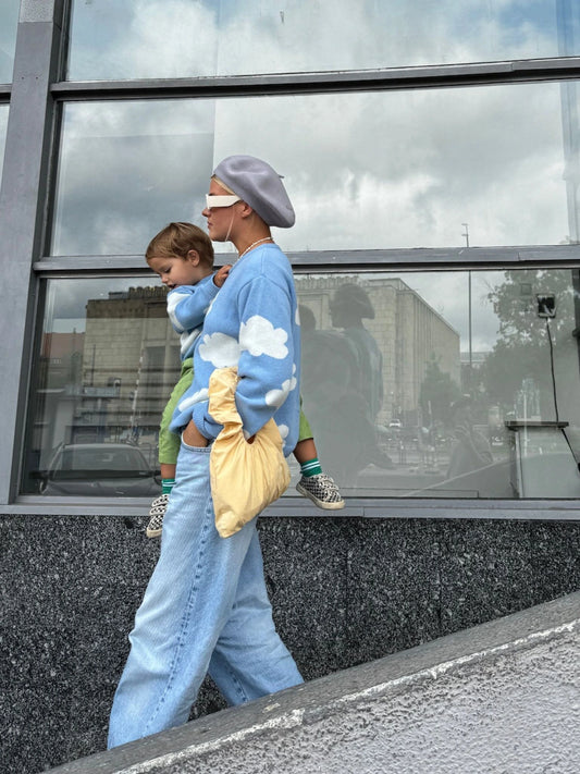 wełniany beret damski szary happymess club grey wool mama dziecko matchy outfit swetry torebka scrunchie 