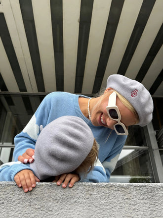 wełniany beret damski szary happymess club grey wool mama dziecko matchy berety outfit