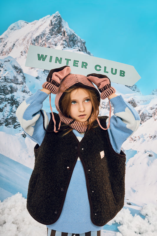 wełniany komin kaptur merino  balaclava wool brązowe mauve stripes dziewczynka dziecko stylziacja kamizelka chocolate brown sweter cloud