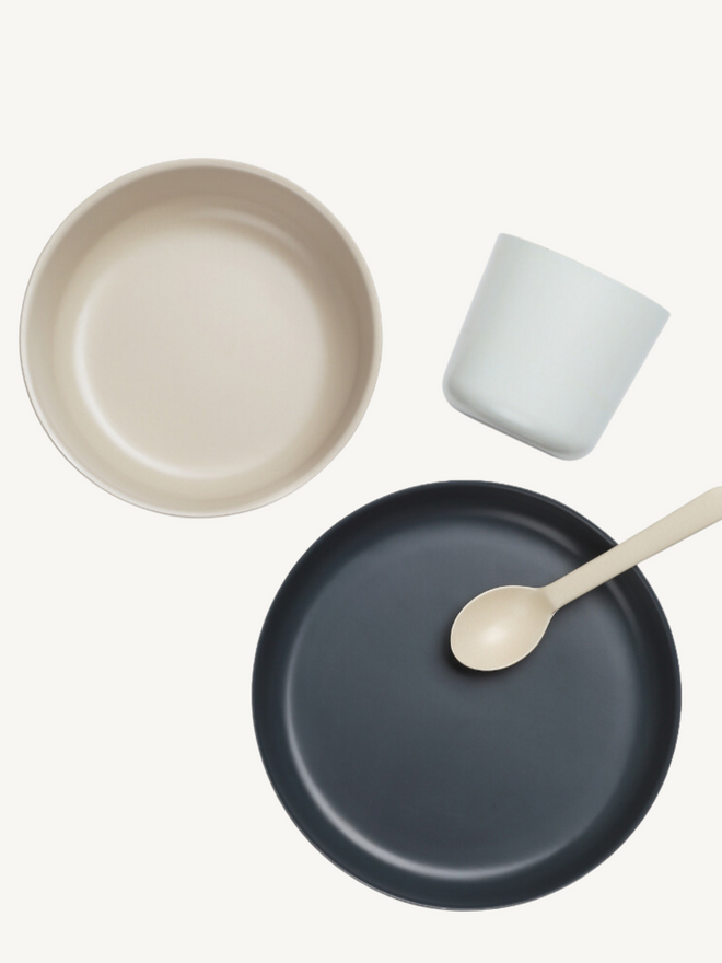 zestaw obiadowy dziecięcy dla dzieci szary kid set bambusowy bambus talerz łyżka kubek